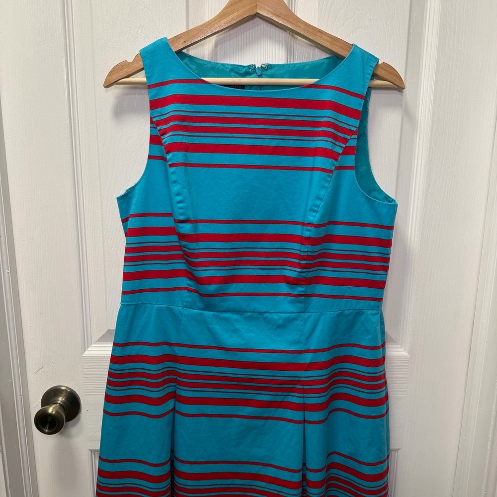 Talbot’s Blue & Red Sleeveless Striped Cotton Pleated Dress, Size 12, Holiday